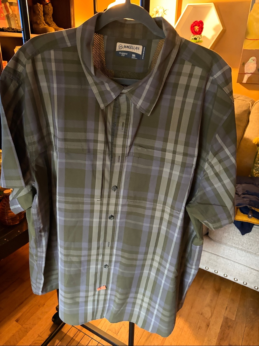 Magellan Outdoors Olive and Gray Plaid Short-Sleeve Button-Up Shirt